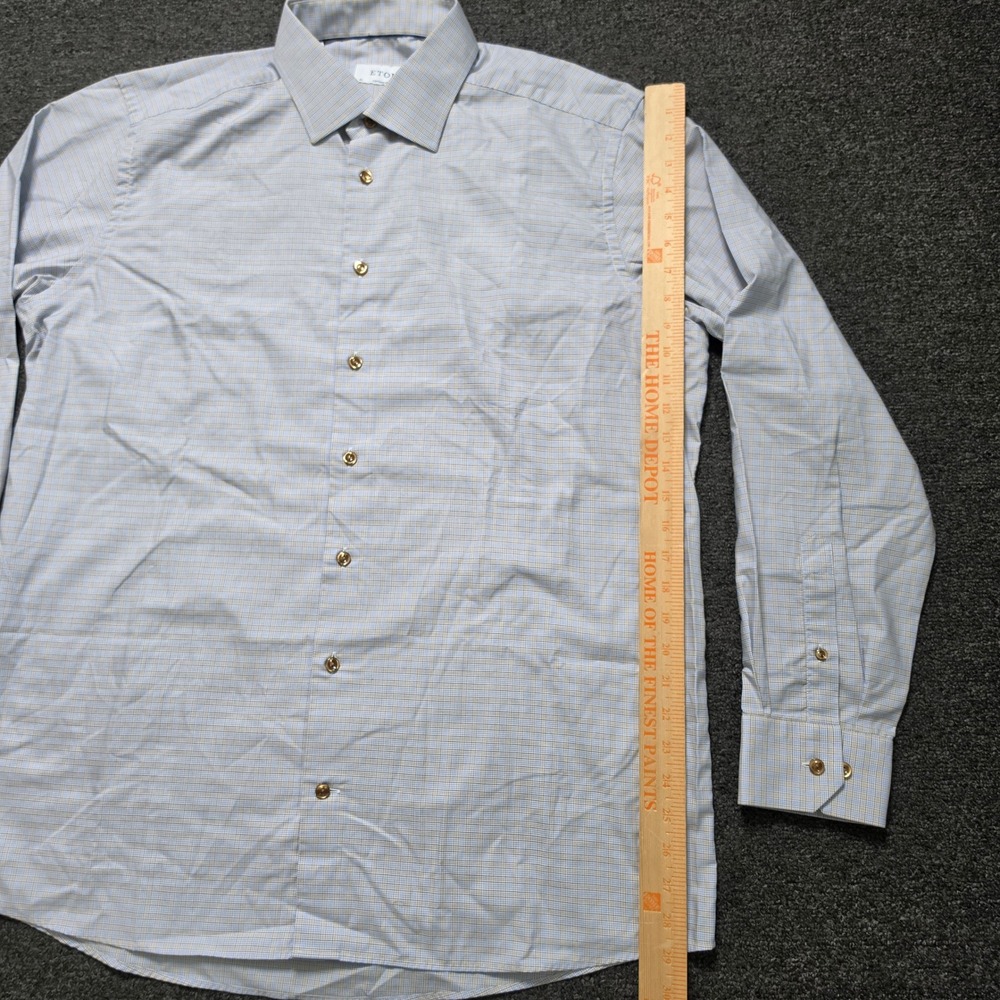Eton Dress Shirt Blue Tan Micro Check Mens 17.5 Contemporary Fit Long Sleeve - Picture 4 of 8